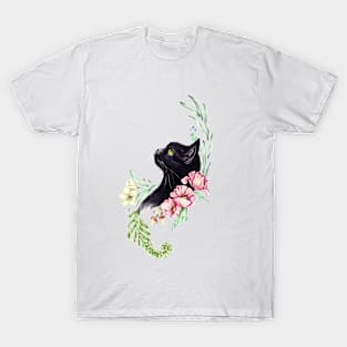 Black cat with leaves and flowers T-Shirt